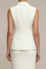 White Pearled Notched Lapel 2 Piece Bodycon Work Dress with Slit