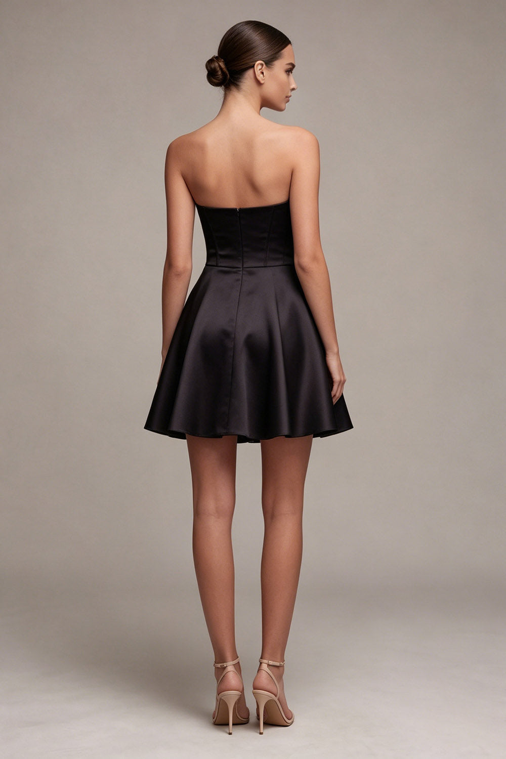 Strapless Black Corset A Line Pleated Satin Mini Dress