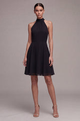 Halter Ruched Black A Line Mini Dress