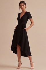 High Low Black A Line V Neck Midi Dress with Short Sleeves