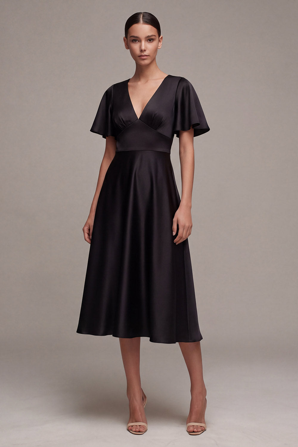 Black A Line Satin Short Sleeve Midi Dress