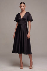 Black A Line Satin Short Sleeve Midi Dress