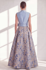 Blue Floral A Line Pleated Maxi Mother of the Bride Dress with Bow