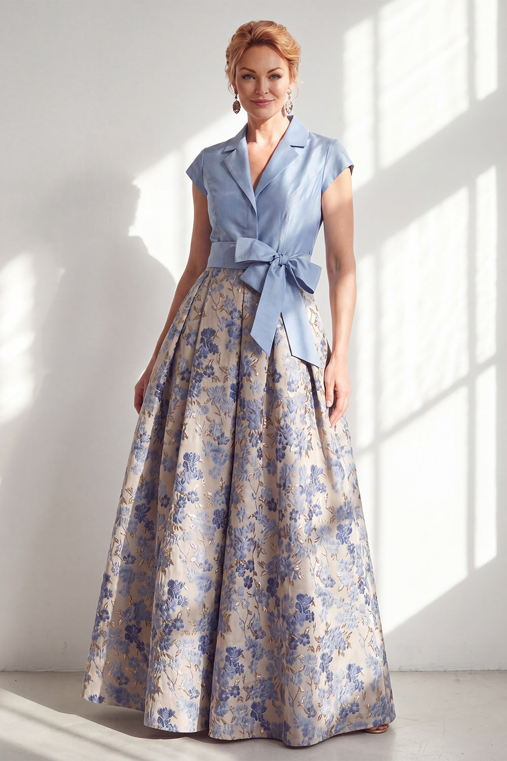 Navy Floral Notched Lapel A Line Mother of the Bride Dress with Bow