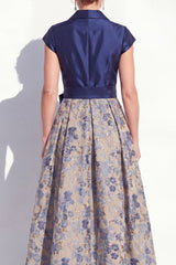 Navy Floral Notched Lapel A Line Mother of the Bride Dress with Bow