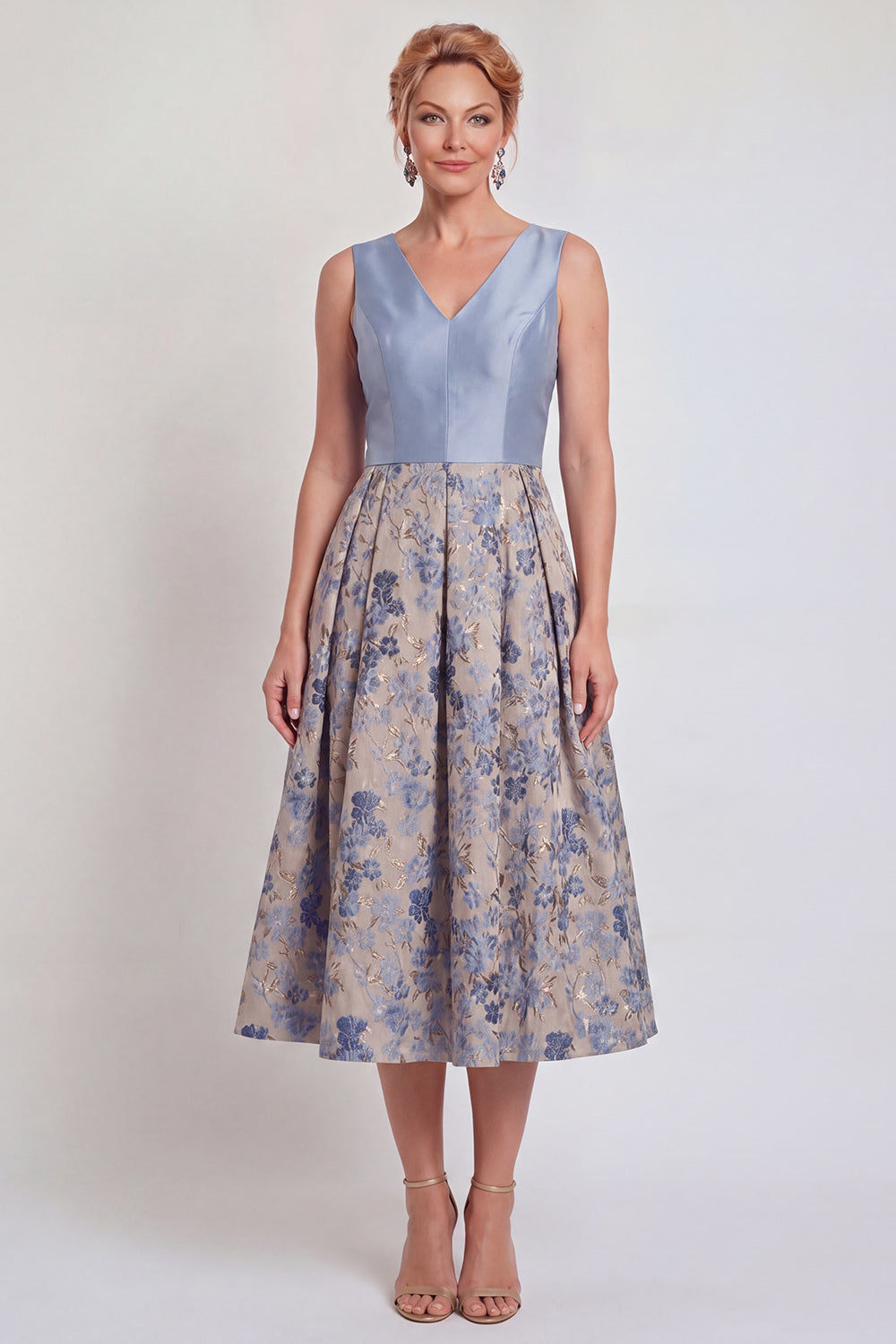Jacquard Navy Floral A Line Pleated Mother of the Bride Dress