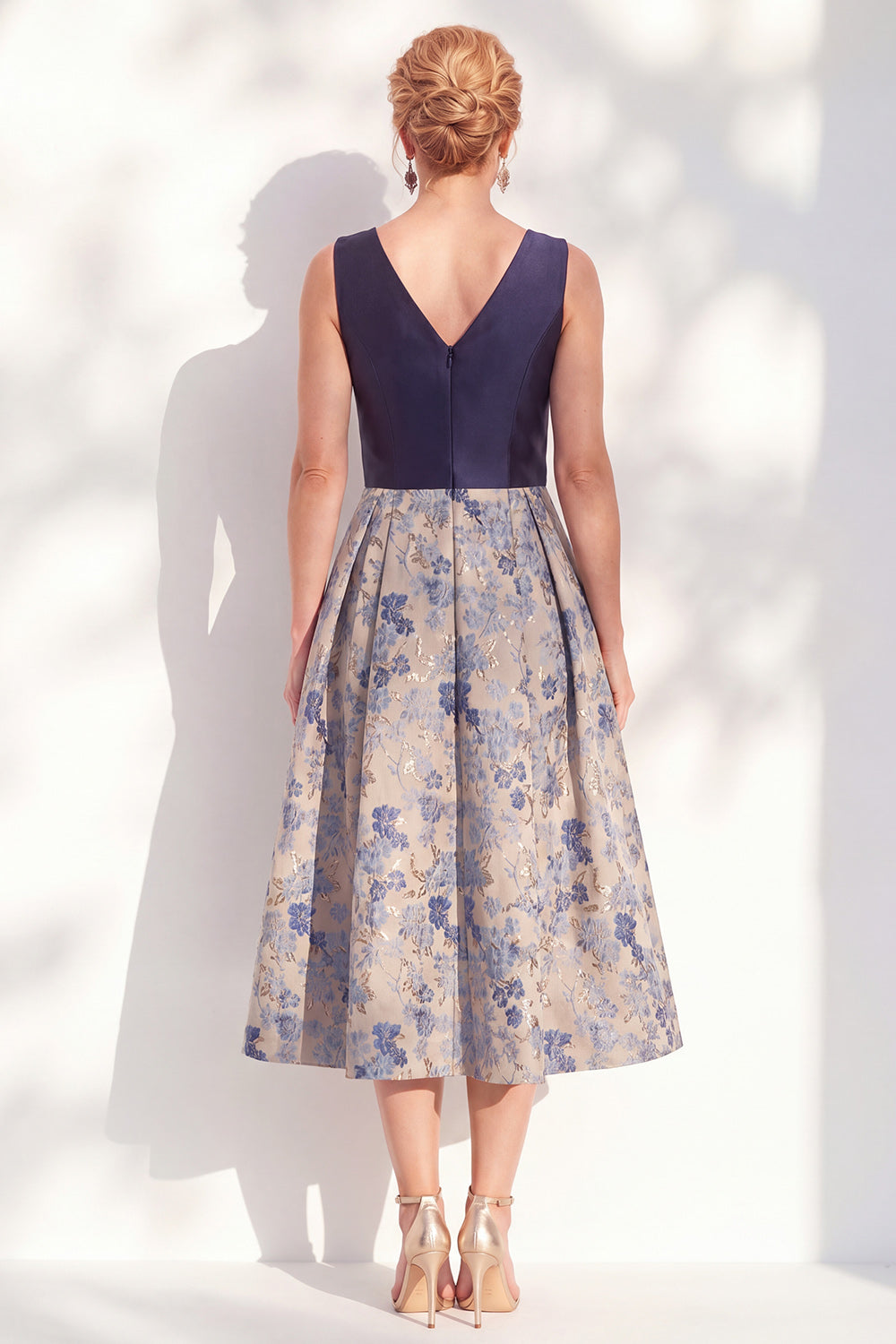 Jacquard Navy Floral A Line Pleated Mother of the Bride Dress