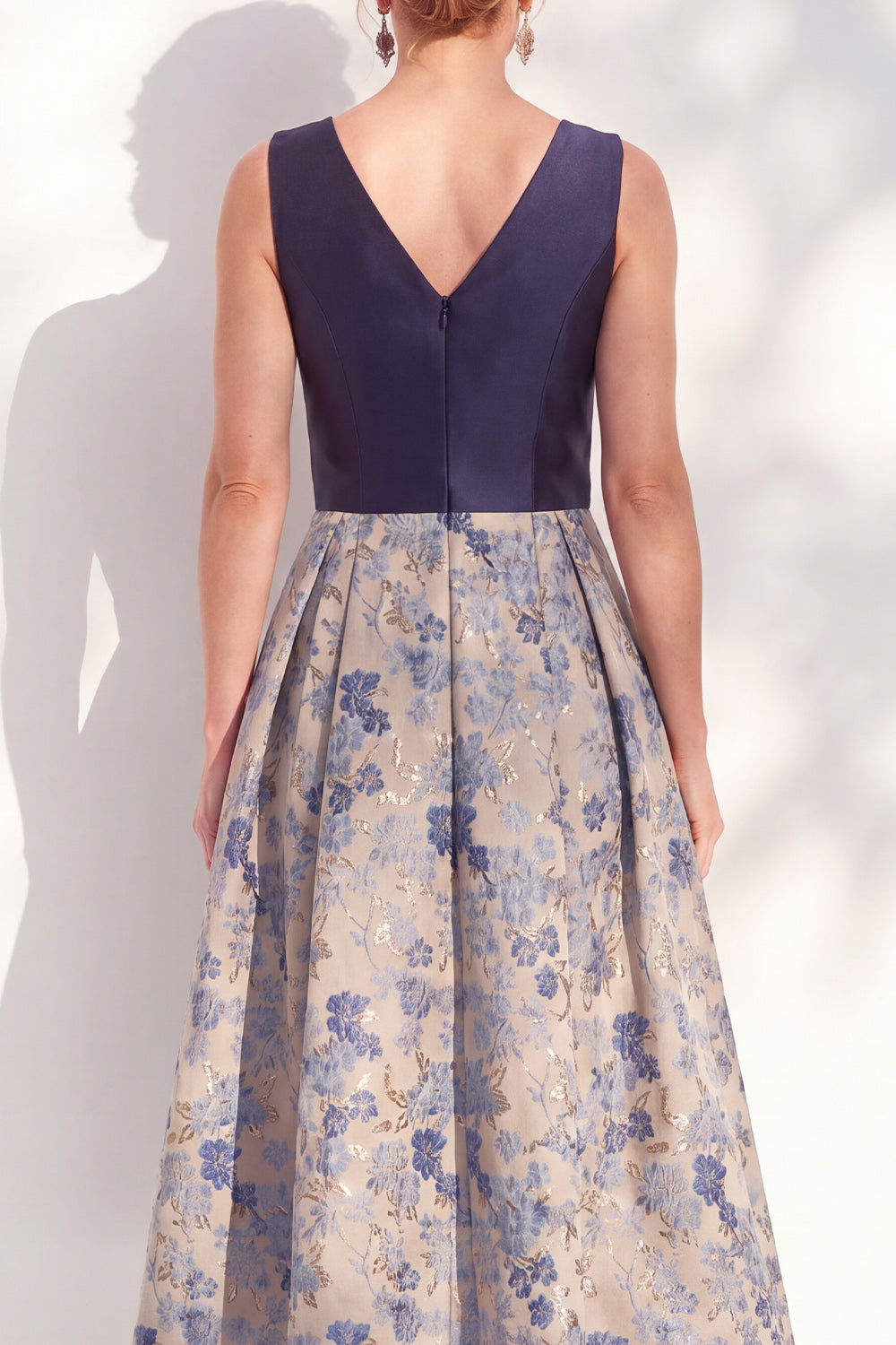 Jacquard Navy Floral A Line Pleated Mother of the Bride Dress
