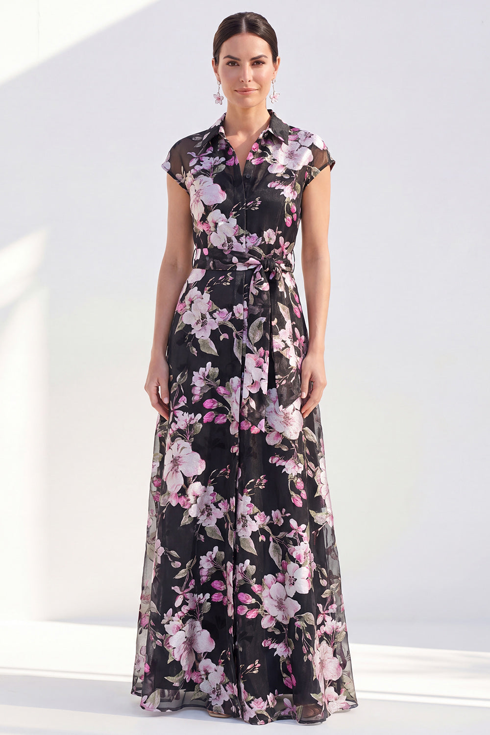 Black Floral A Line Maxi Mother of the Bride Dress with Sash