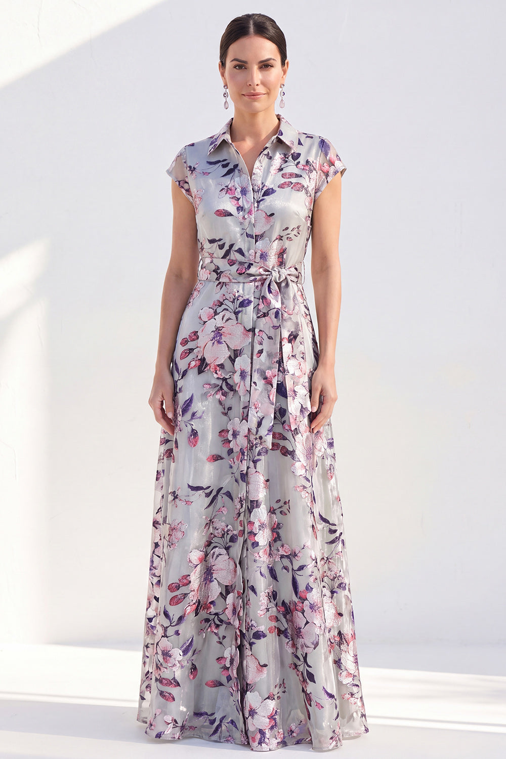 Black Floral A Line Maxi Mother of the Bride Dress with Sash