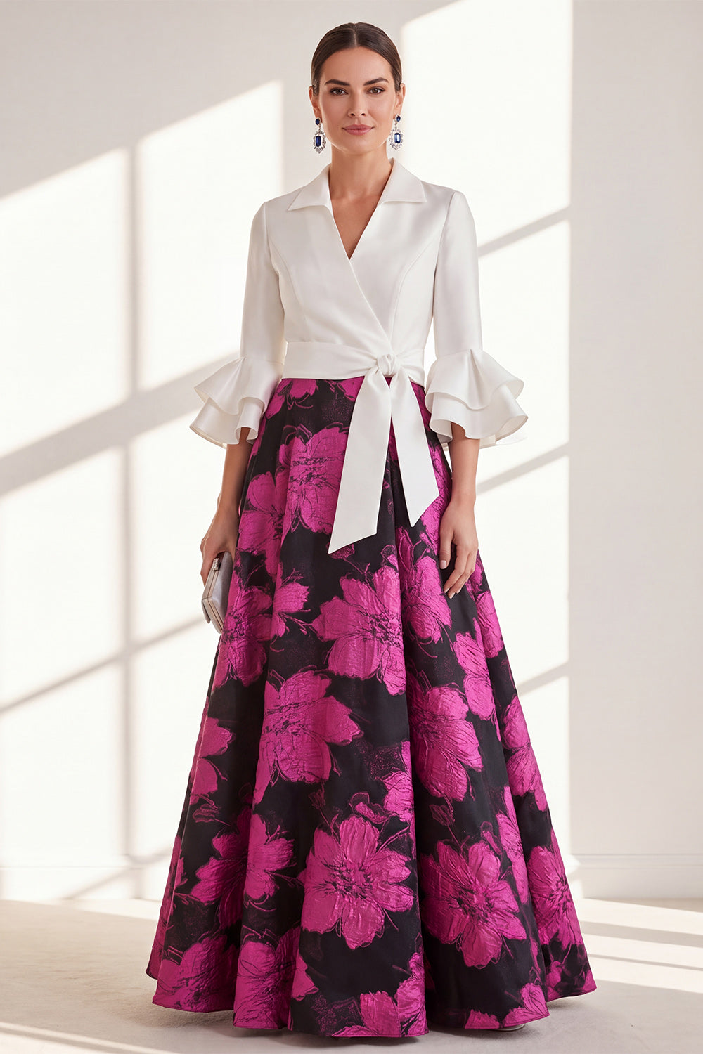 Pink Floral A Line Ruffled Maxi Mother of the Bride Dress with Sash