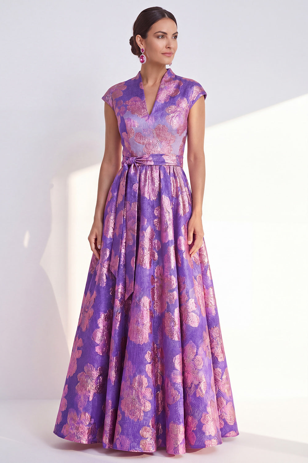 Floral Yellow A Line Maxi Mother of the Bride Dress with Sash