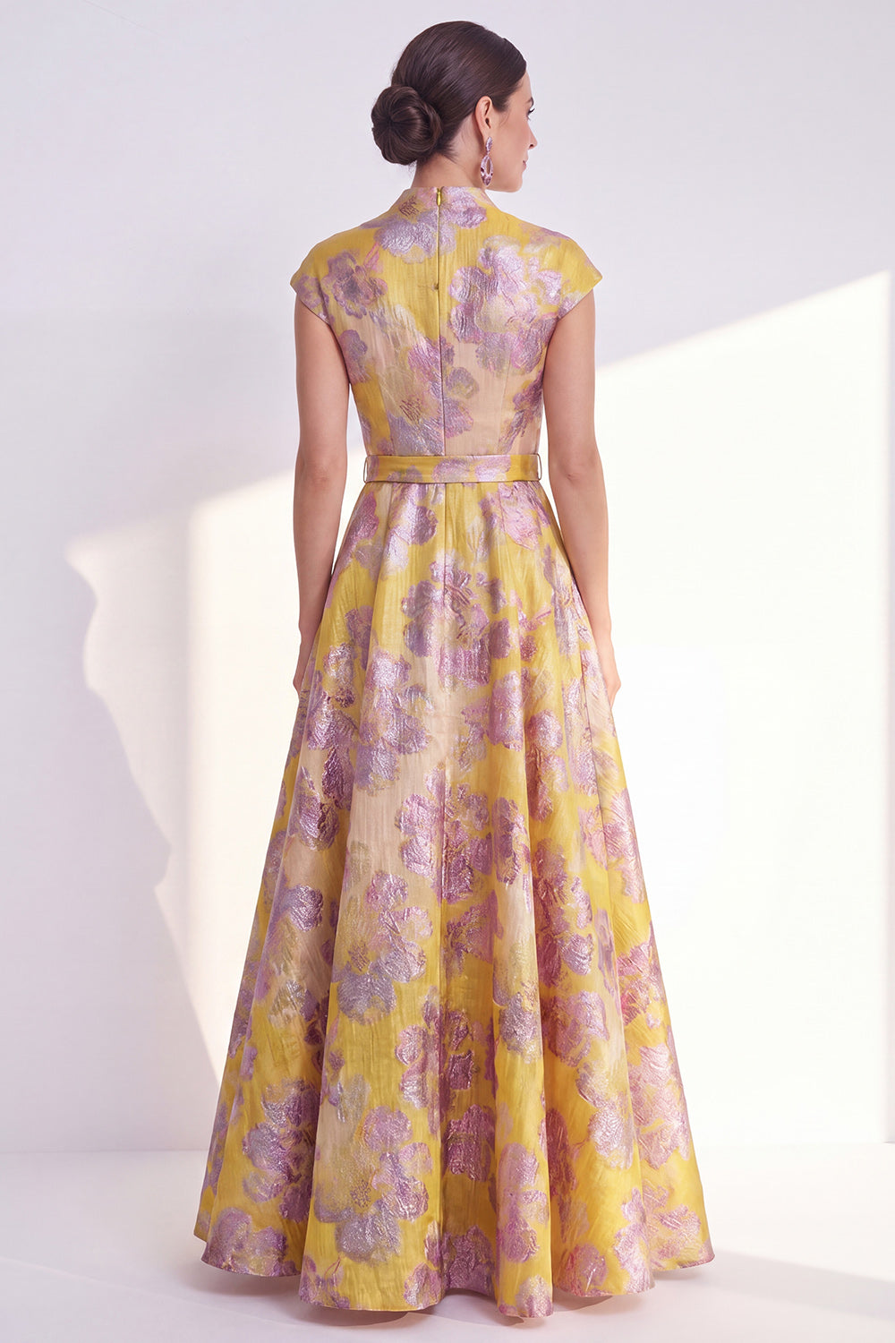 Floral Yellow A Line Maxi Mother of the Bride Dress with Sash