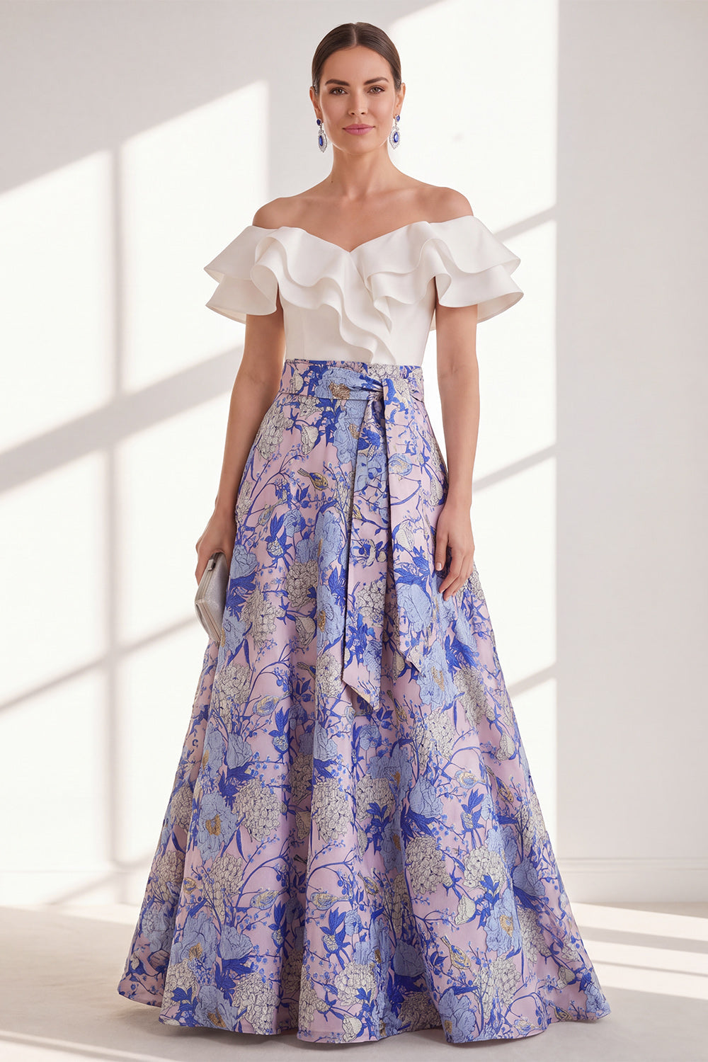 Off the Shoulder Ruffled Floral Purple A Line Mother of the Bride Dress