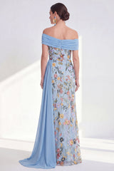 Off the Shoulder Floral Embroidered Blue Maxi Mother of the Bride Dress
