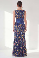 Navy Floral Embroidered Mermaid Ruched Mother of the Bride Dress