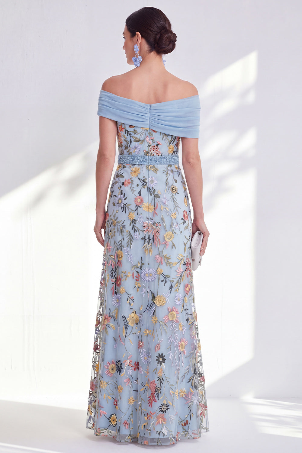 Off the Shoulder Ruched Embroidered Blue A Line Mother of the Bride Dress