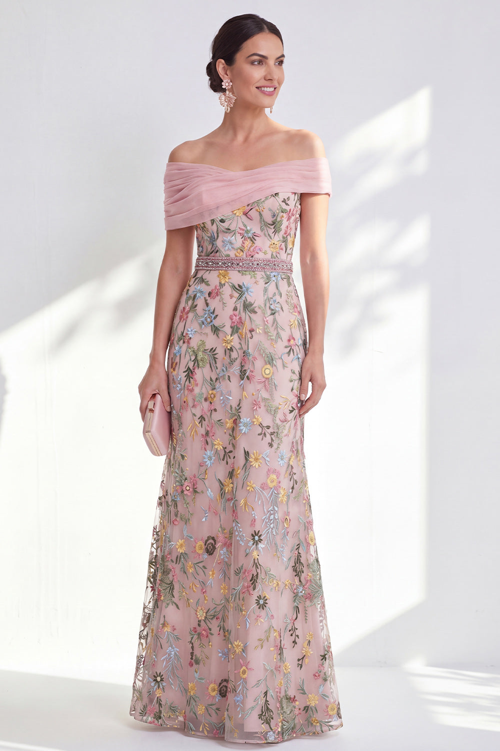 Off the Shoulder Ruched Embroidered Blue A Line Mother of the Bride Dress