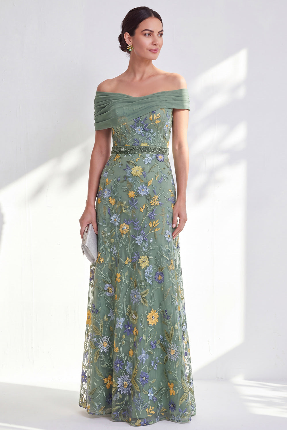Off the Shoulder Ruched Embroidered Blue A Line Mother of the Bride Dress