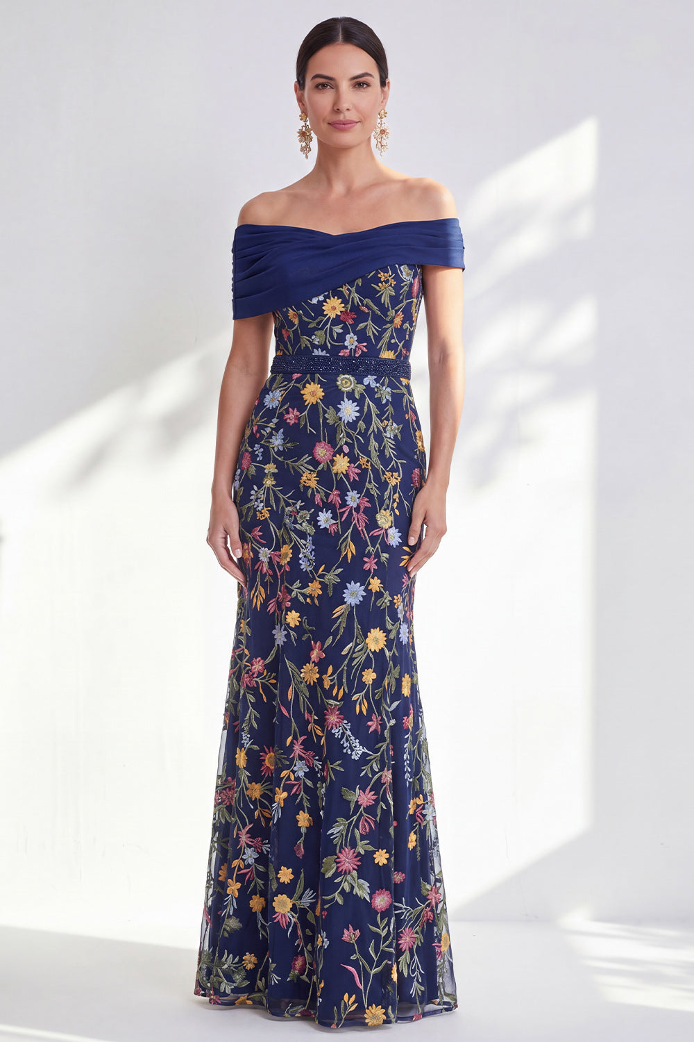 Off the Shoulder Ruched Embroidered Blue A Line Mother of the Bride Dress