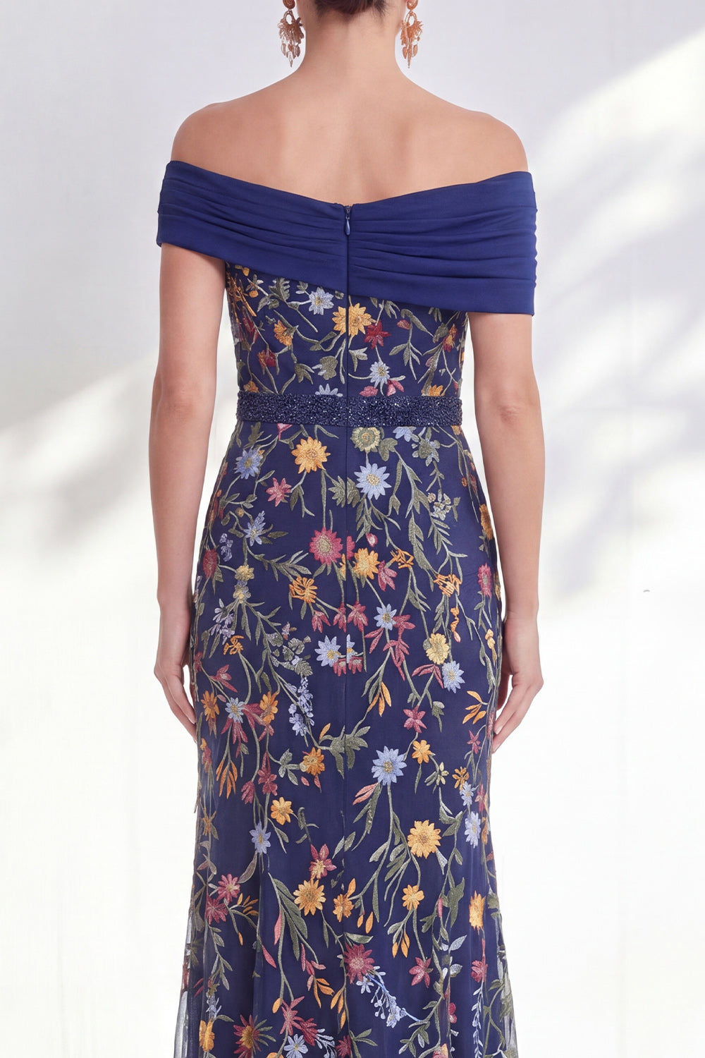 Off the Shoulder Ruched Embroidered Blue A Line Mother of the Bride Dress