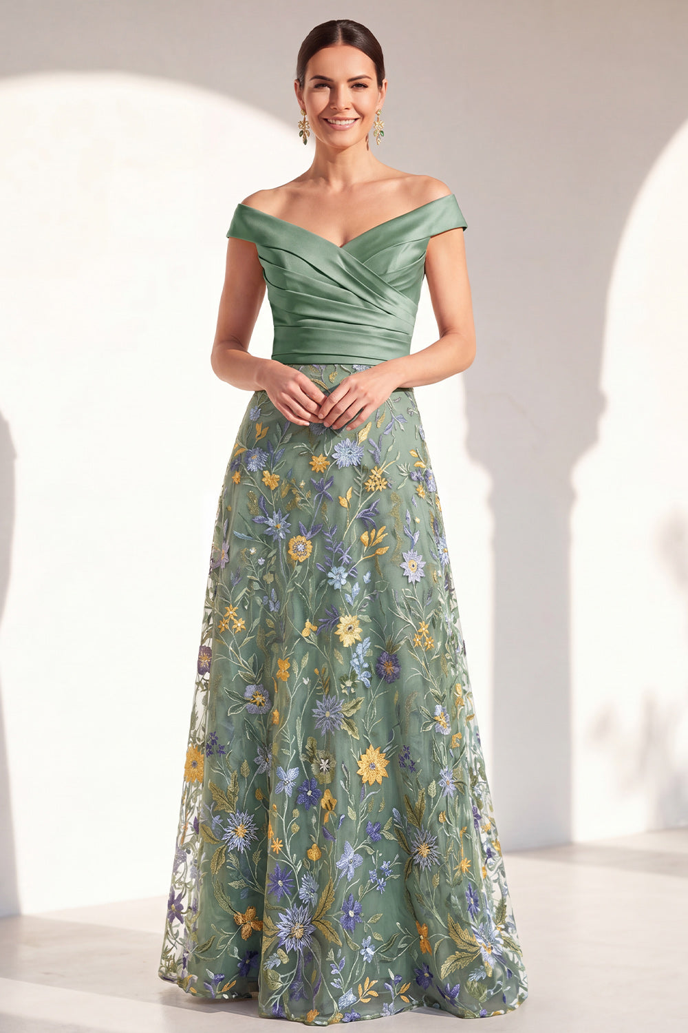 Off the Shoulder Ruched Floral Blush A Line Mother of the Bride Dress