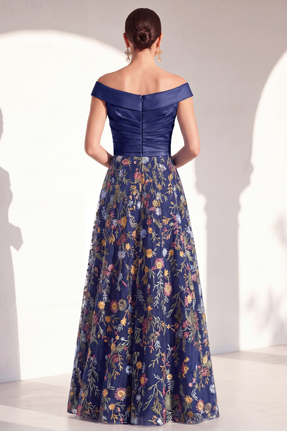 Off the Shoulder Ruched Floral Blush A Line Mother of the Bride Dress