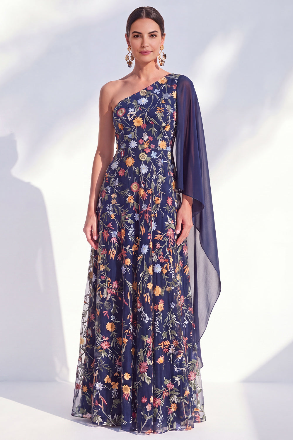 One Shoulder Blue Floral A Line Maxi Mother of the Bride Dress