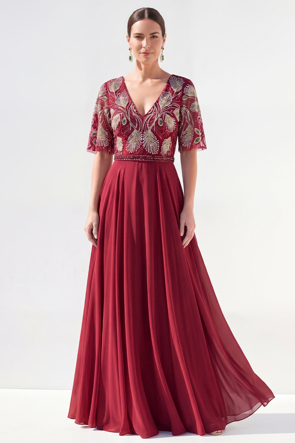 Green Half Sleeve A Line Maxi Mother of the Bride Dress