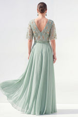 Green Half Sleeve A Line Maxi Mother of the Bride Dress