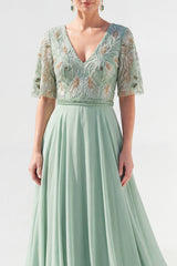 Green Half Sleeve A Line Maxi Mother of the Bride Dress