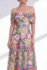 Off the Shoulder High Low Floral A Line Light Khaki Mother of the Bride Dress