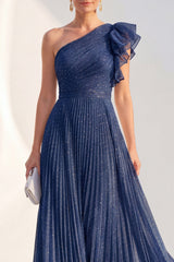 Sparkly One Shoulder Navy A Line Pleated Mother of the Bride Dress