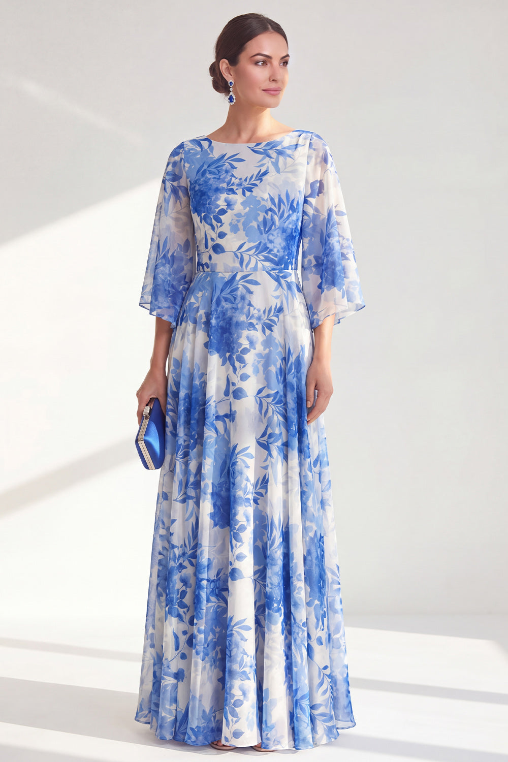 Blue Printed A Line Maxi Mother of the Bride Dress with 3/4 Sleeves