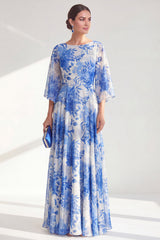 Blue Printed A Line Maxi Mother of the Bride Dress with 3/4 Sleeves