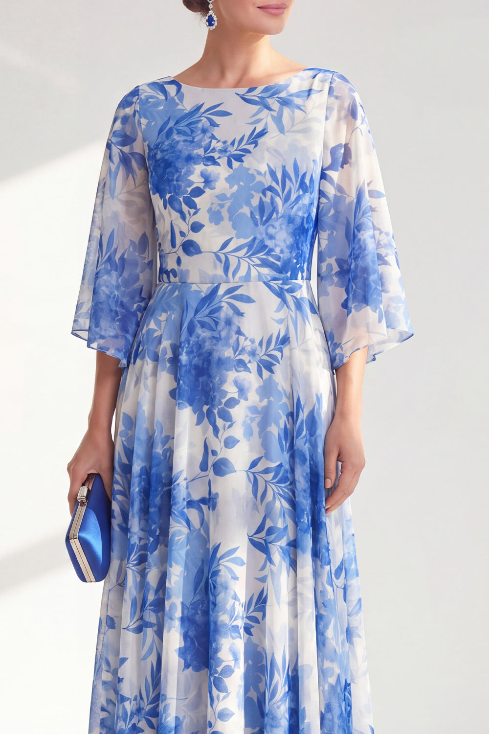 Blue Printed A Line Maxi Mother of the Bride Dress with 3/4 Sleeves