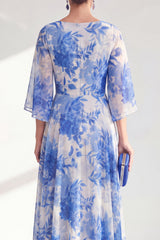 Blue Printed A Line Maxi Mother of the Bride Dress with 3/4 Sleeves