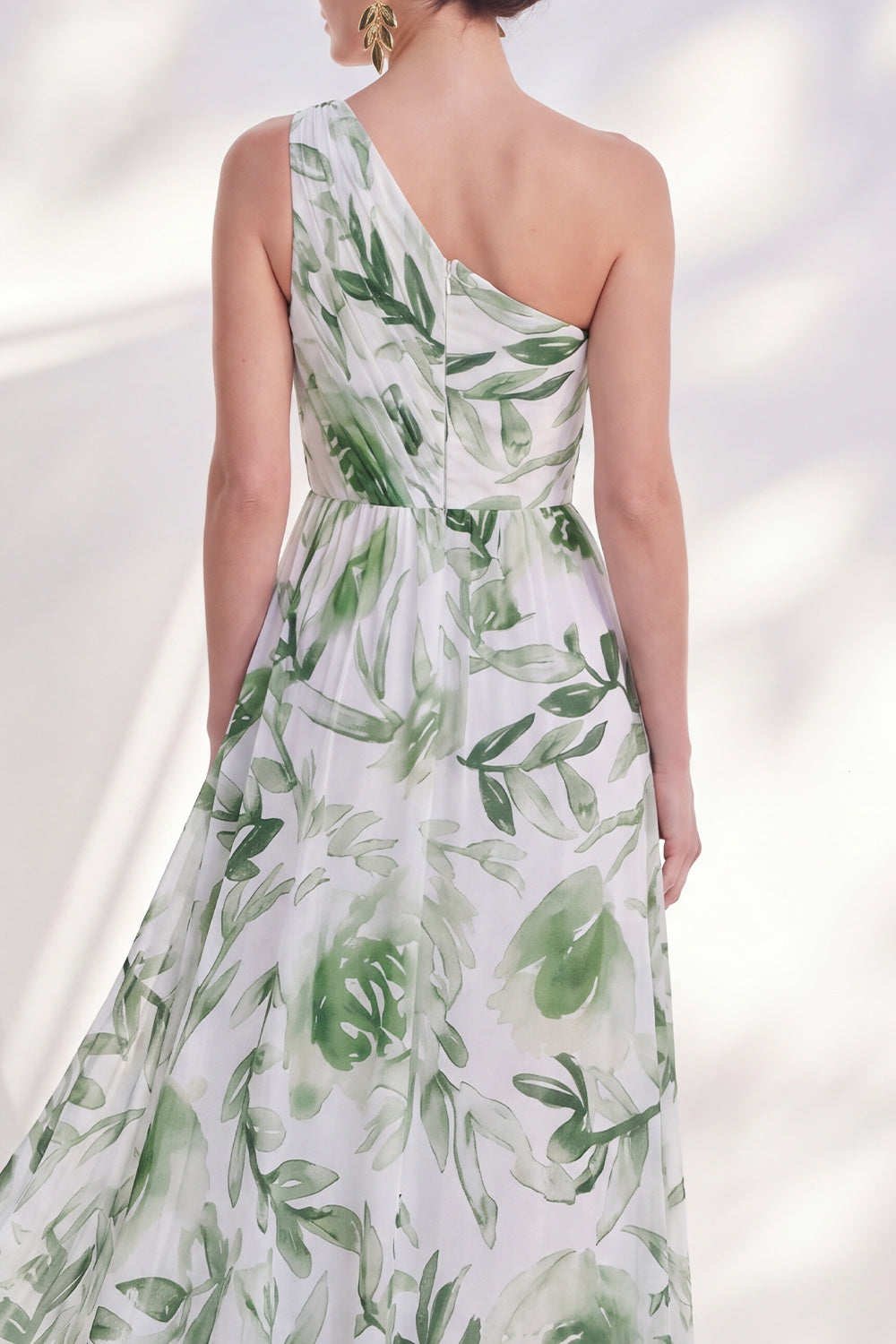 Green One Shoulder Printed Ruched A Line Mother of the Bride Dress