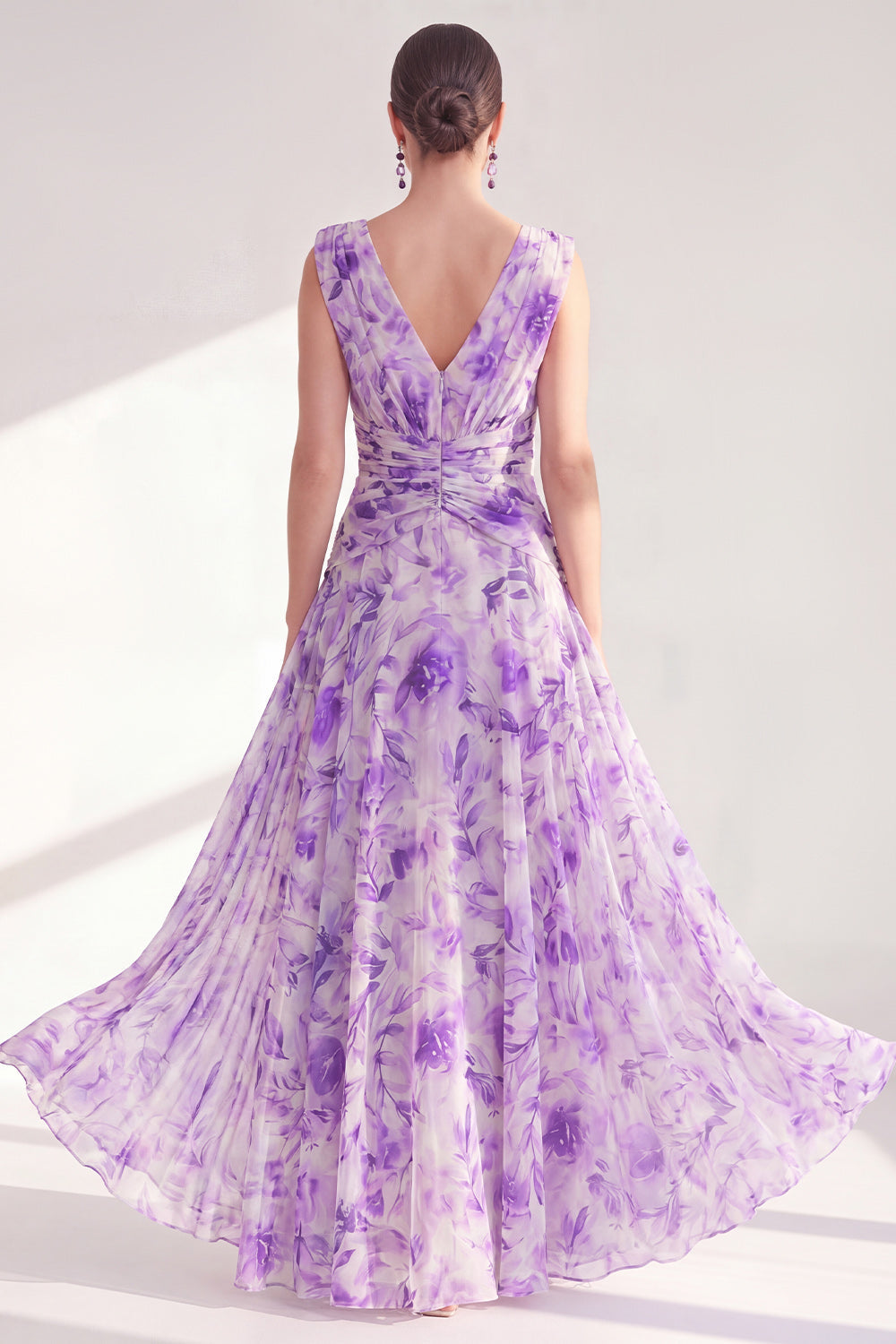 Printed Purple Ruched A Line Maxi Mother of the Bride Dress