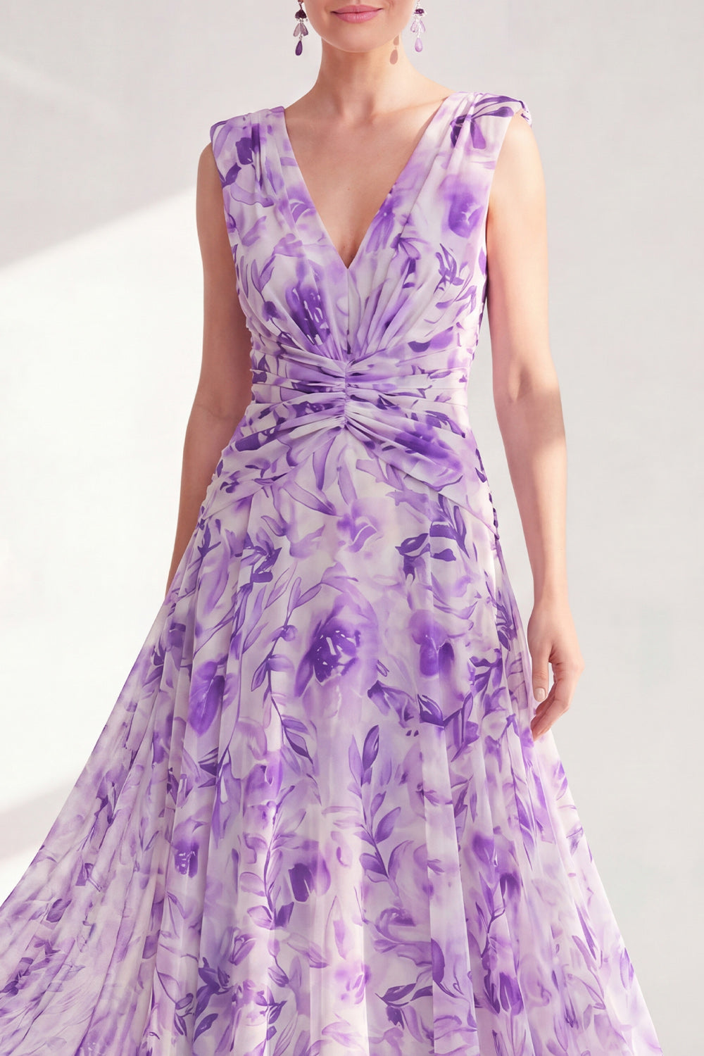 Printed Purple Ruched A Line Maxi Mother of the Bride Dress