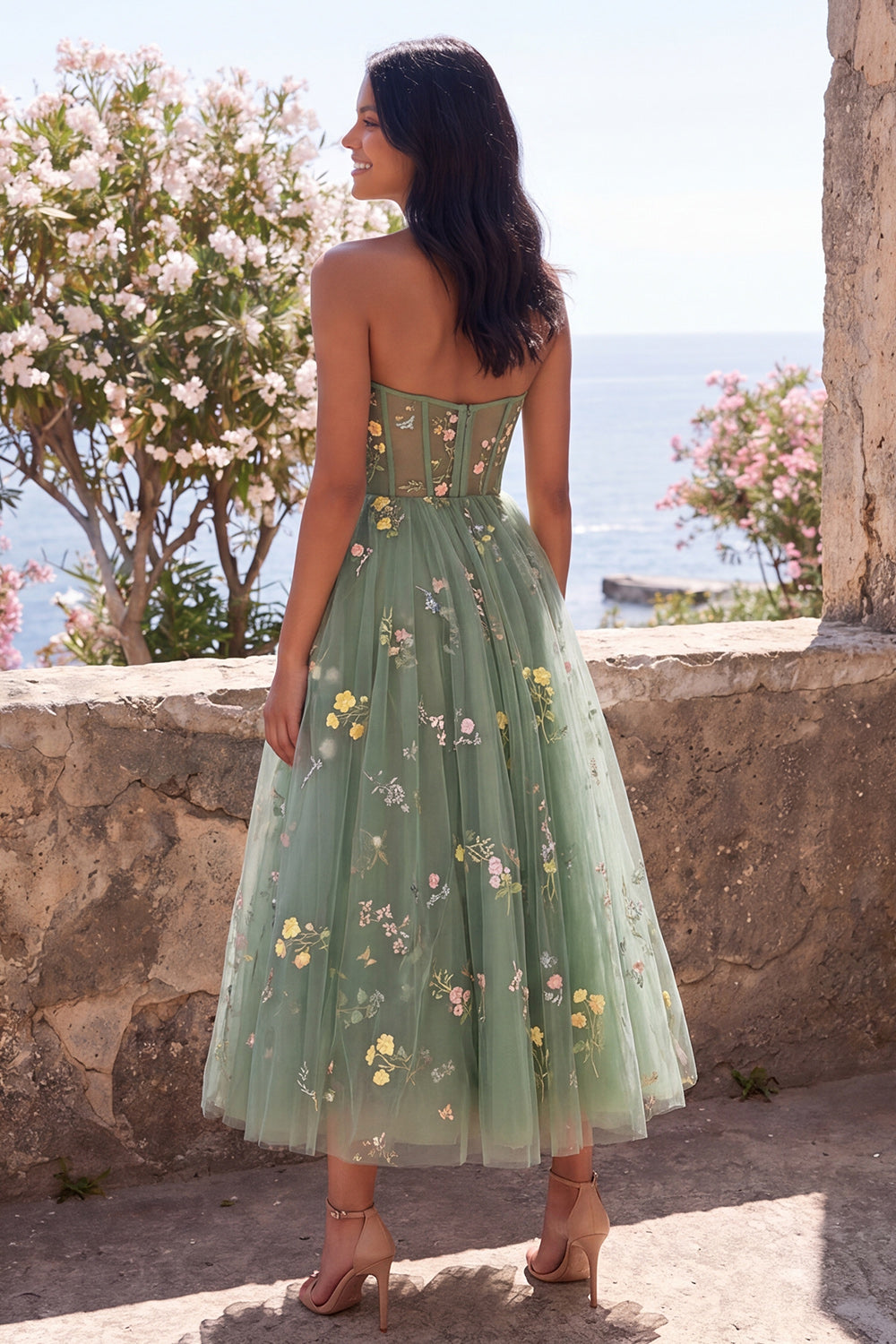 Strapless Dusty Sage A Line Embroidered Floral Midi Dress