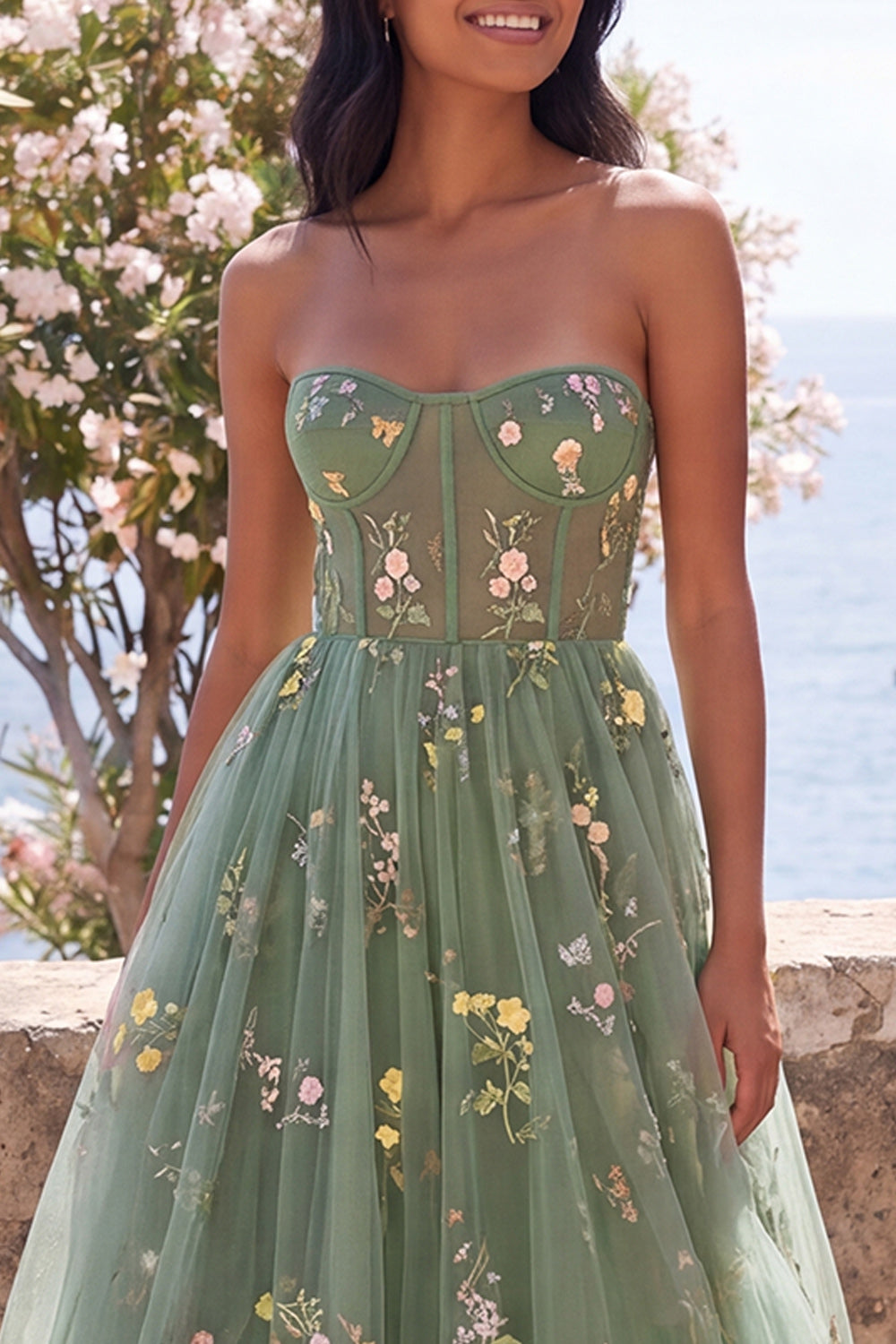 Strapless Dusty Sage A Line Embroidered Floral Midi Dress