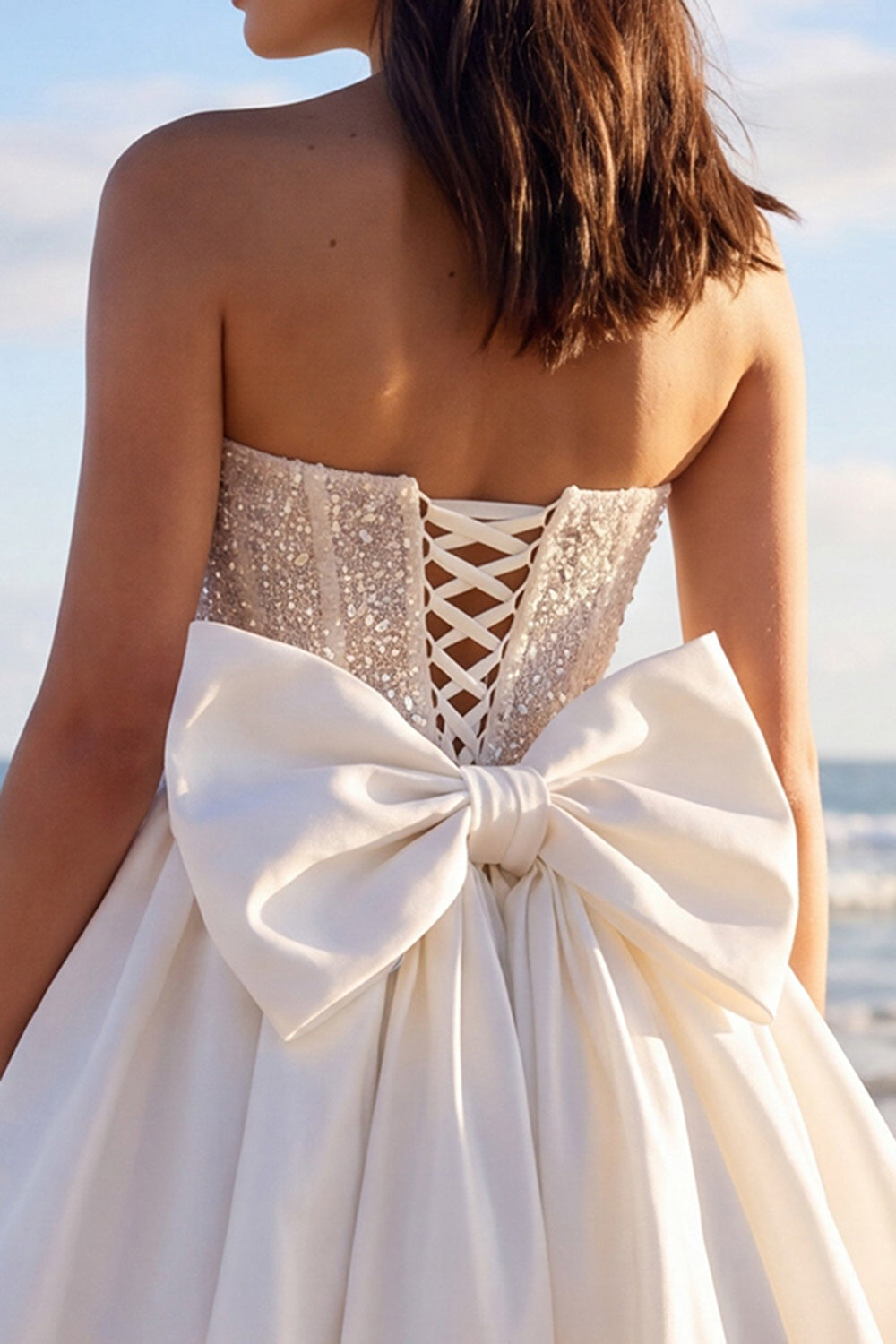 Strapless Corset Beaded A Line Mini White Dress with Rhinestones