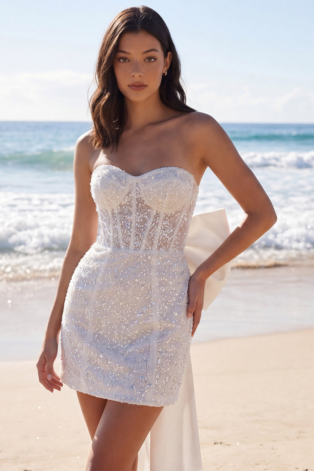 Sparkly Strapless Corset Bodycon Mini White Dress with Bow