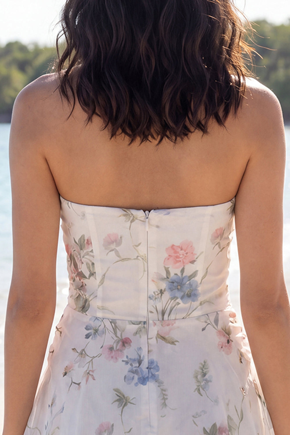 Strapless Floral Cut Out A Line Ruched Mini White Dress