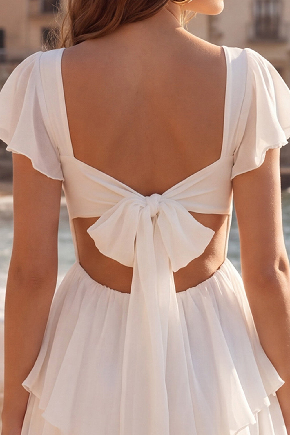 Tiered A Line Cut Out V Neck Mini White Dress with Bow