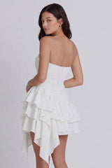 Tiered Ruched Strapless Ruffled A Line Mini White Dress