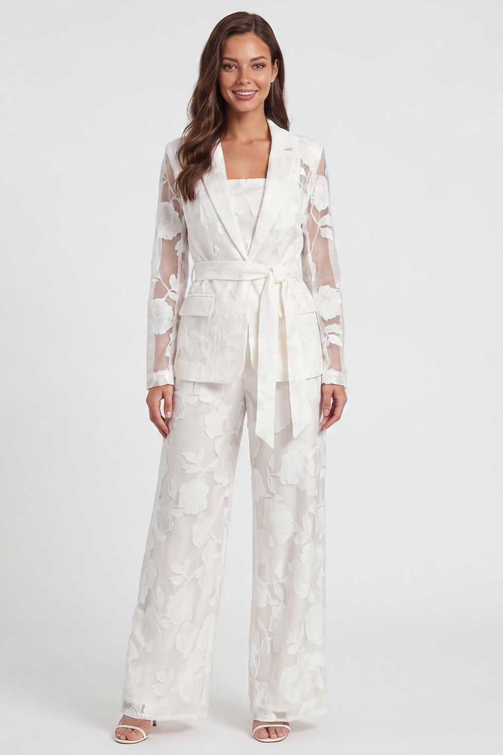 Floral Long Sleeve Notched Lapel 2 Piece Ivory Women's Suits