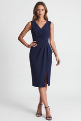 Ruched Bodycon Navy V Neck Midi Work Dress with Slit