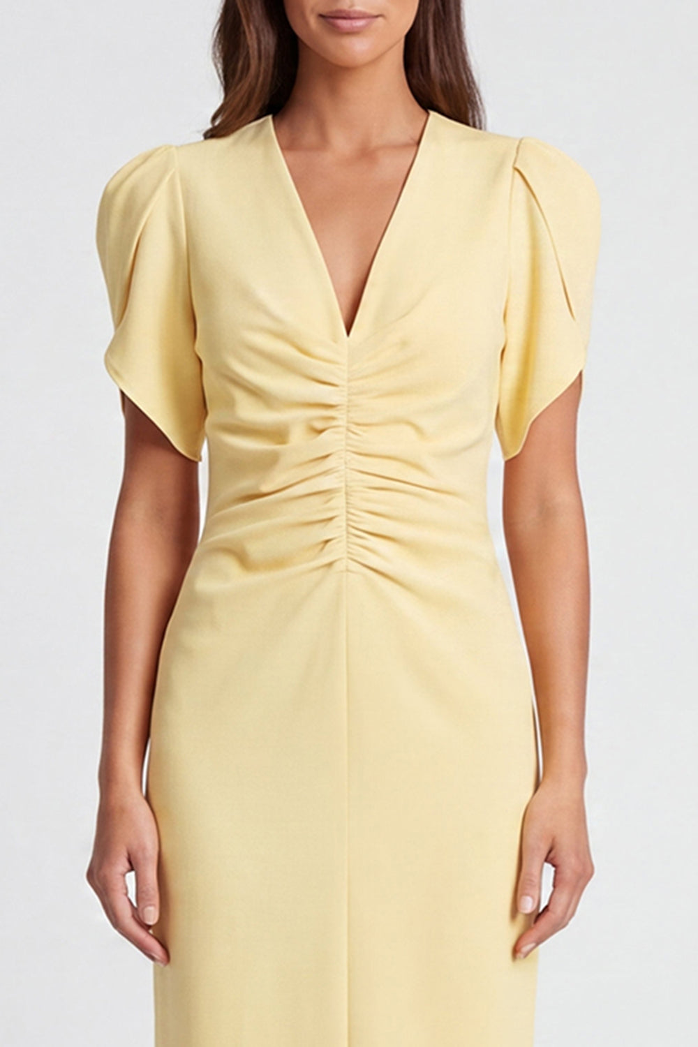 Light Yellow Ruched Bodycon Midi Work Dress with Short Sleeves